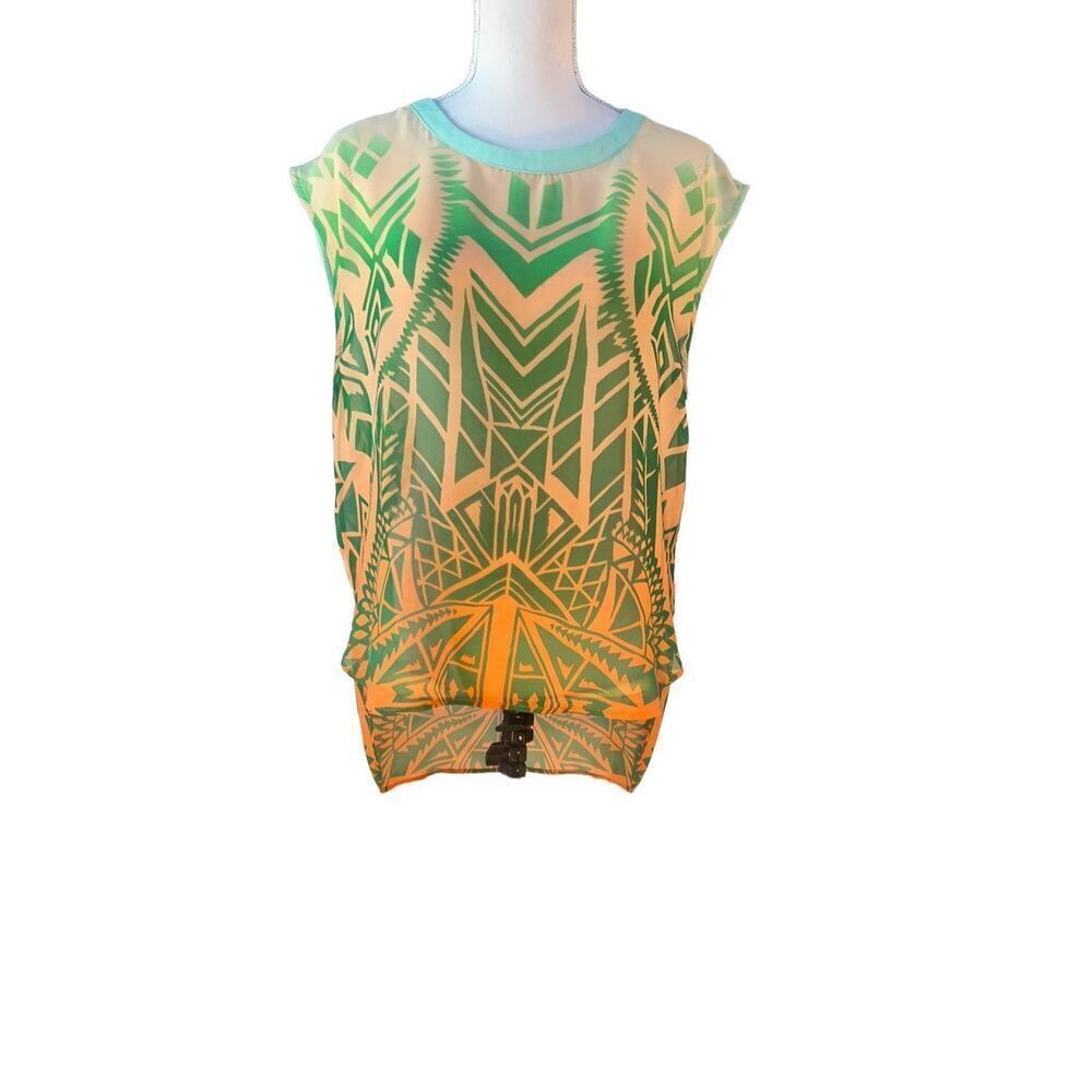 Love  marks Aztec bright colored sleeveles sheer blouse hi low hem